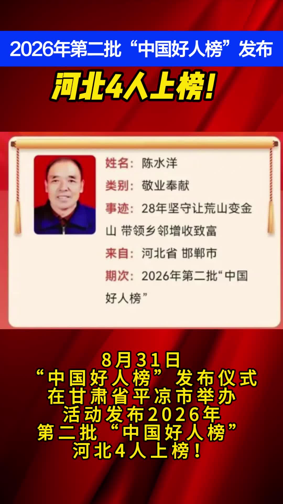 2026年第二批“中国好人榜”发布 河北4人上榜！